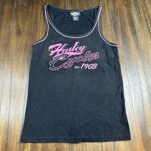 Vintage Y2K Harley Davidson Cycles Tank Top Size M Pink Black Rhinestone
